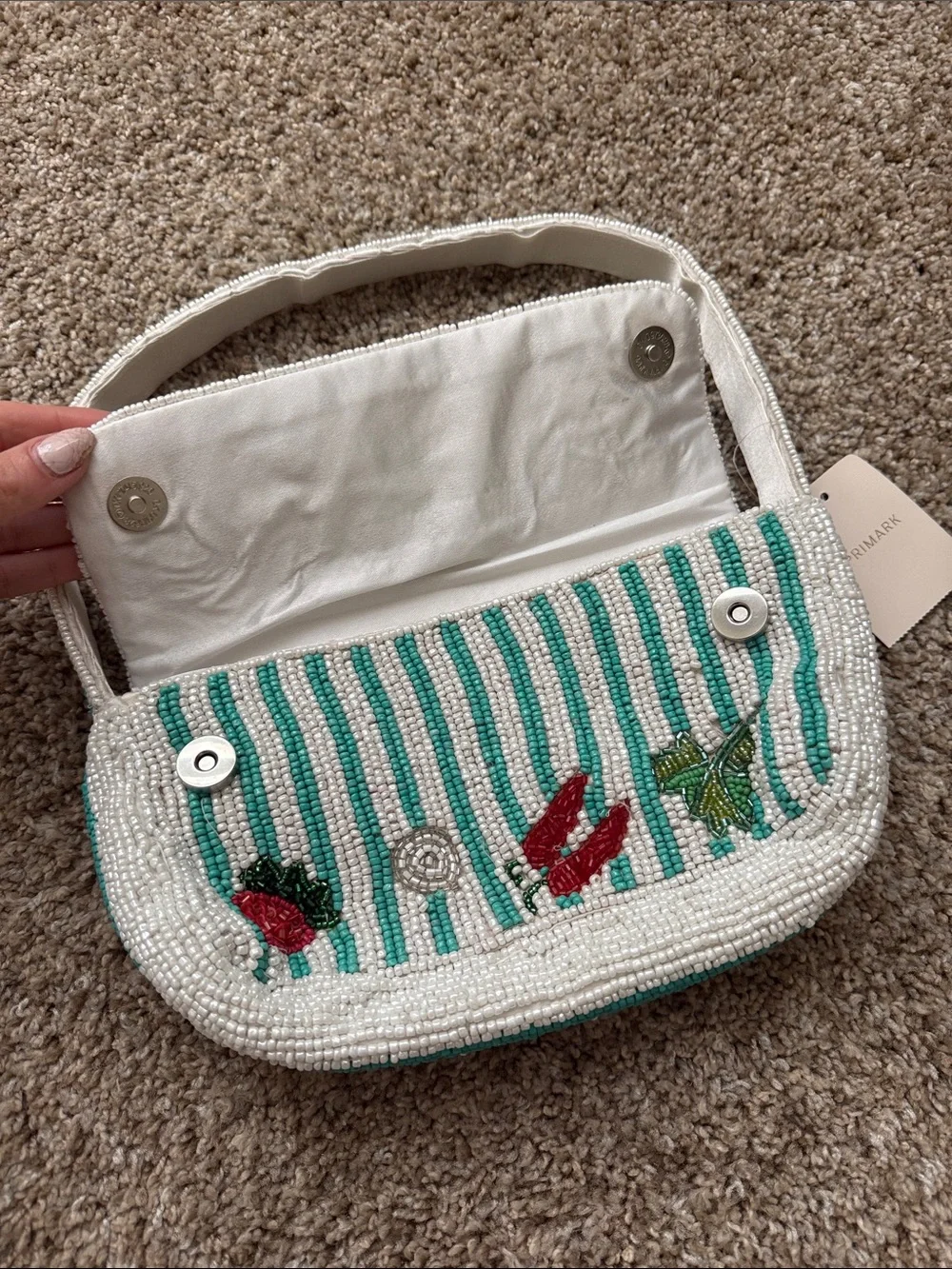 Primark White Beaded Shoulder Bag with Green Stripes and Multicolor Floral Beads